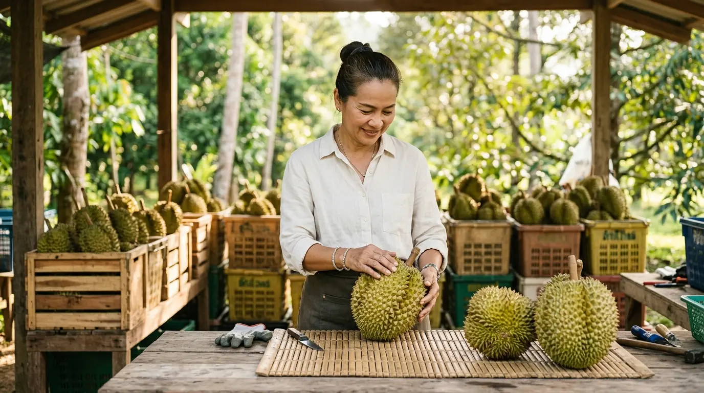 Thai grower inspecting freshly harvested Monthong durian at a sunlit packing table