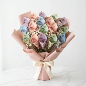 Bouquet of Thai baht banknotes folded into cone blooms, wrapped in blush paper with a cream satin ribbon