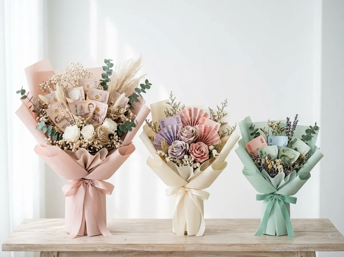 Three Thai baht cash bouquets in blush, cream and mint wrapping against a white wall