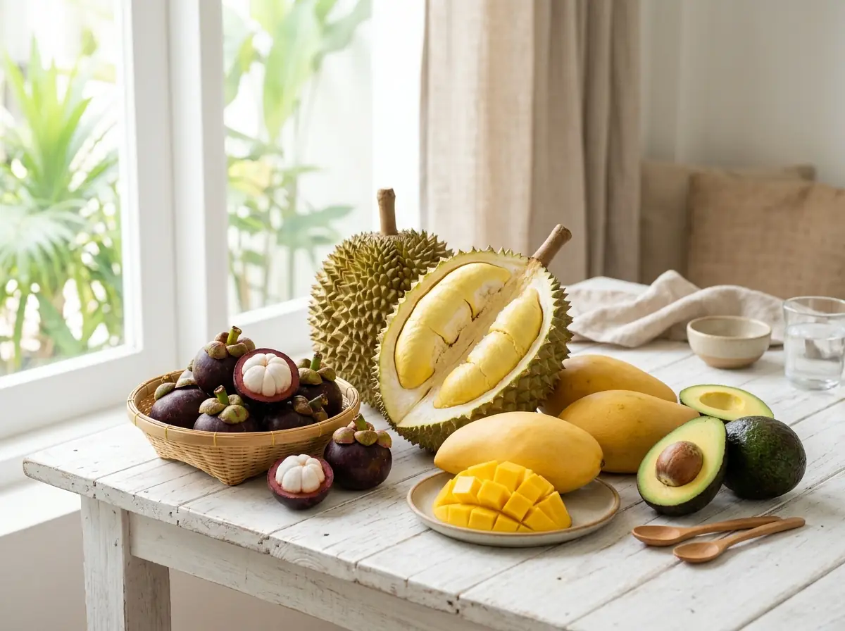 Monthong durian, mangosteen, avocados and mangoes on a white wooden table in morning light