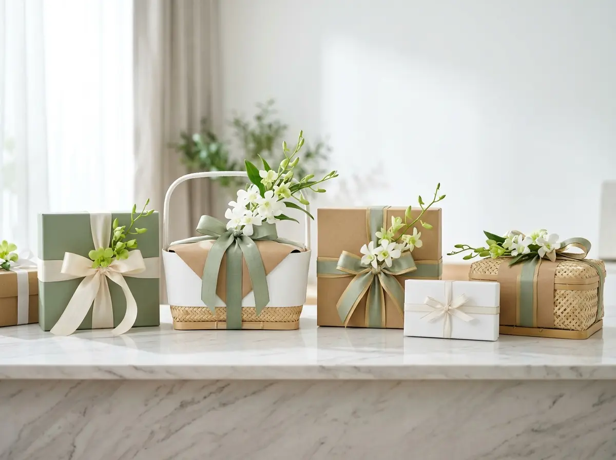 Row of wrapped Thai luxury gift boxes and hampers with silk ribbons and orchid sprigs