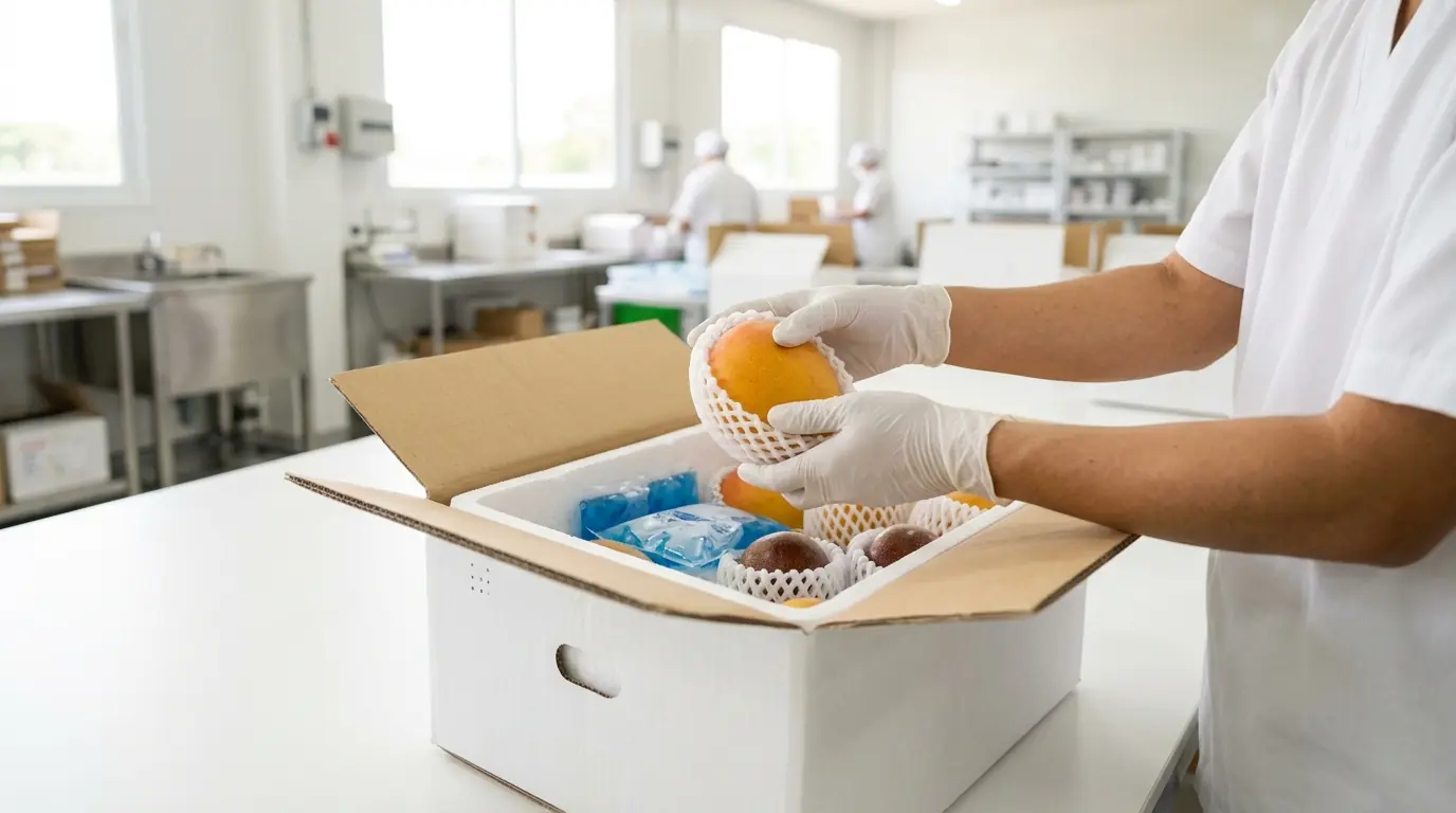 Gloved hands packing premium tropical fruit into an insulated shipping box with ice packs