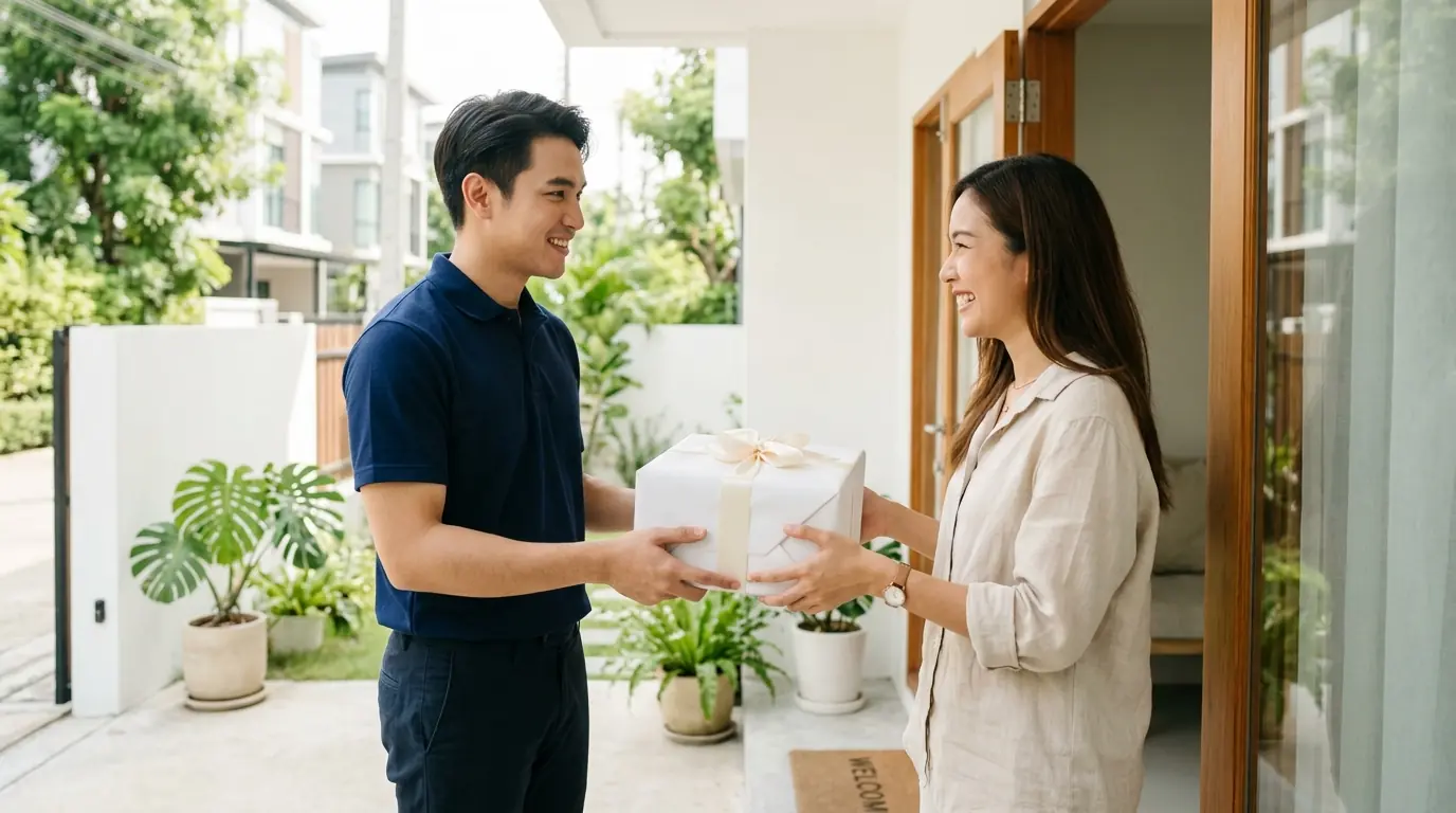 Courier handing a white ribboned gift box to a recipient at a bright Bangkok doorway