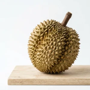 Whole export-grade Monthong durian with golden spiky husk on a pale oak board