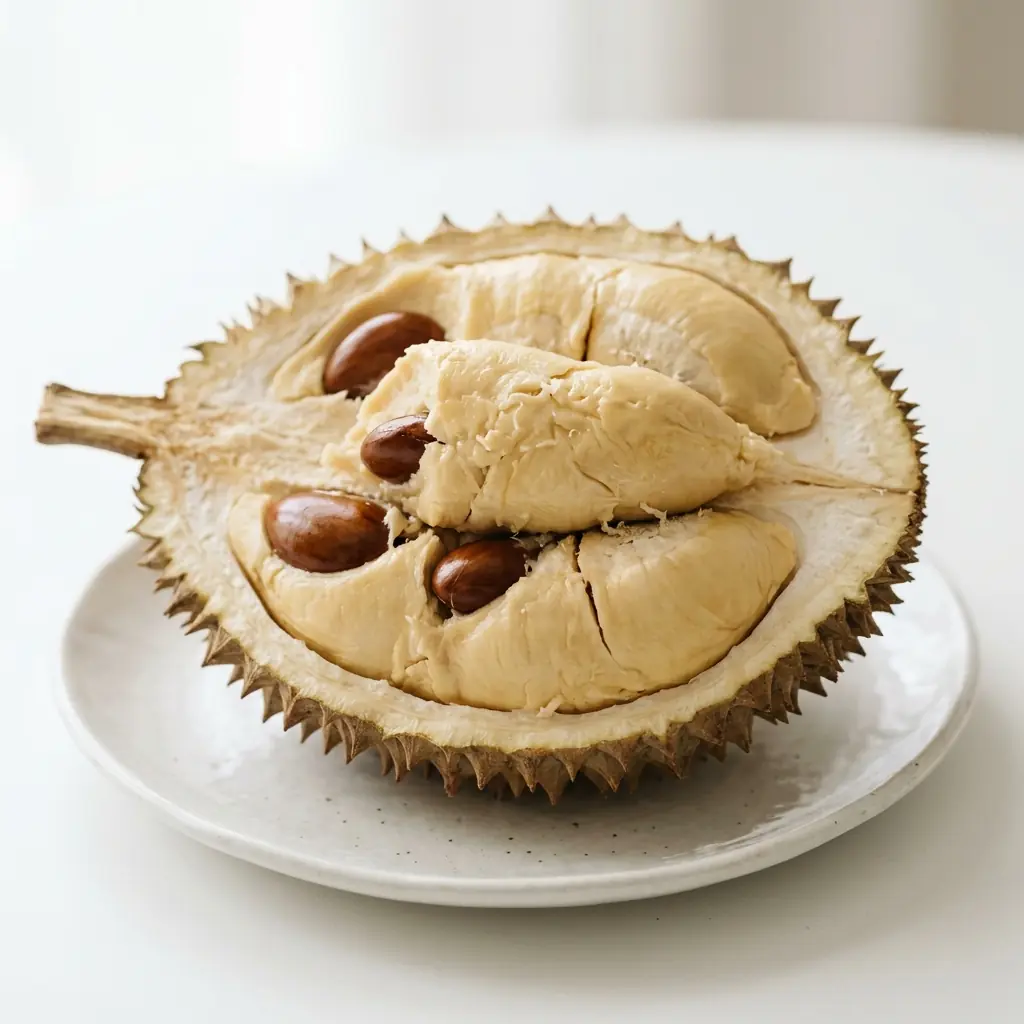 Monthong durian opened to show thick creamy golden-yellow flesh on a white plate