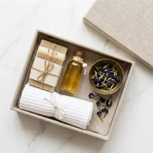 Linen gift box with jasmine lemongrass soap, massage oil, cotton towel and butterfly pea flowers