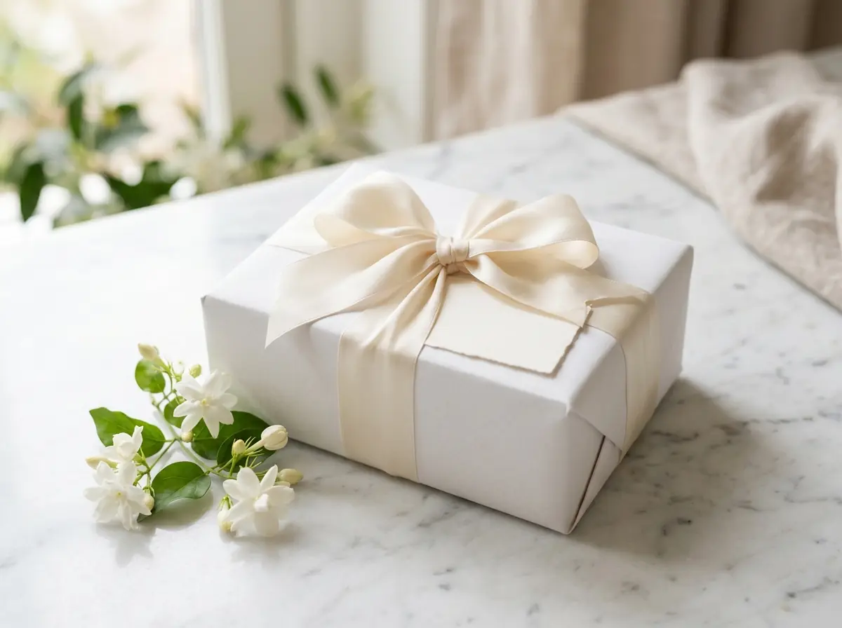 White wrapped gift parcel with silk ribbon and blank cream gift card beside jasmine flowers